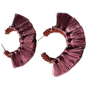 Mauve Pink Fan Fringe Earrings Pierced Macrame Statement